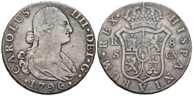 CARLOS IV (1788-1808). 8 Reales. (Ar. 26,54g/39mm). 1796. Sevilla CN. (Cal-2019-1058). MBC. Escasa.
