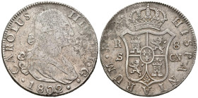 CARLOS IV (1788-1808). 8 Reales. (Ar. 26,95g/39mm). 1802. Sevilla CN. (Cal-2019-1064). MBC. Restos de oxidaciones.