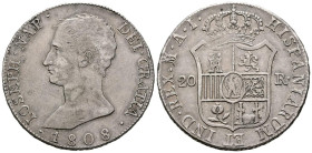 JOSE NAPOLEON (1808-1813). 20 Reales. (Ar. 27,12g/39mm). 1808. Madrid AI. (Cal-2019-35). MBC+. Raya en anverso. Escaso ejemplar.