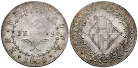 CATALUÑA NAPOLEÓNICA (1808-1814). 5 Pesetas. (Ar. 26,98g/39mm). 1808. Barcelona. (Cal-2019-44). EBC-. Rayitas en anverso. Restos de brillo original.