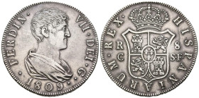 FERNANDO VII (18080-1833). 8 Reales. (Ar. 26,85g/40mm). 1809. Cataluña SF (Reus). (Cal-2019-1158). MBC+. Limpiada. Precioso ejemplar, escaso así.