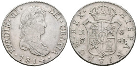 FERNANDO VII (18080-1833). 8 Reales. (Ar. 26,85g/39mm). 1814. Madrid GJ. (Cal-2019-1268). Primer año de busto laureado. MBC/MBC+.