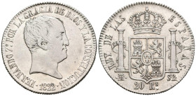 FERNANDO VII (18080-1833). 20 Reales (Ar. 26,87g/39mm). 1822. Madrid SR. (Cal-2019-1282). MBC+.