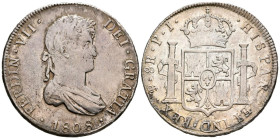 FERNANDO VII (1808-1833). 8 Reales. (Ar. 26,71g/40mm). 1808. Potosí PJ. (Cal-2019-1337). Primer año de busto propio. MBC-. Oxidaciones limpiadas.