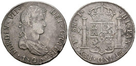 FERNANDO VII (1808-1833). 8 Reales. (Ar. 26,64g/39mm). 1825. Potosí J. (Cal-2019-1393). MBC. Grieta. Muy escaso ejemplar.