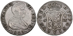FERNANDO VII (1808-1833). 8 Reales. (Ar. 27,18g/40mm). 1809. Sevilla CN. (Cal-2019-1412). Busto desnudo. MBC+. Acuñación floja en anverso típica de es...