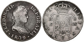 FERNANDO VII (1808-1833). 8 Reales. (Ar. 26,58g/40mm). 1809. Sevilla CN. (Cal-2019-1413). Busto diademado. BC+/MBC-. Muy raro ejemplar.