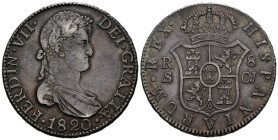 FERNANDO VII (1808-1833). 8 Reales. (Ar. 26,81g/39mm). 1820. Sevilla CJ. (Cal-2019-1421). Busto laureado. MBC. Bonita pátina oscura. Escaso ejemplar.