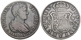 FERNANDO VII (1808-1833). 8 Reales. (Ar. 26,99g/39mm). 1811. Valencia GS. (Cal-2019-1439). MBC-. Pátina oscura. Rara.