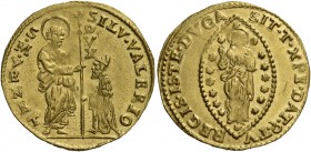 Silvestro Valier doge CIX, 1694-1700. Zecchino, AV 3,49 g. SILV VALERIO – S M VENET S. Marco nimbato, stante a s., porge il vessillo al doge genufless...