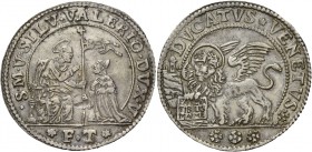 Silvestro Valier doge CIX, 1694-1700. Ducato di doppio peso, AR 45,20 g. S M V SILVE VALERIO DVX V S. Marco nimbato, seduto a s. e benedicente, conseg...
