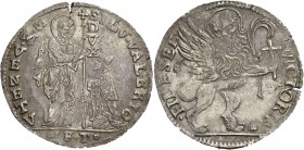 Silvestro Valier doge CIX, 1694-1700. Leone per il Levante, AR 26,85 g. SILV VALERIO – S M VENETV S. Marco nimbato, stante a s., benedice il doge genu...