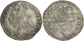 Silvestro Valier doge CIX, 1694-1700. Leone per il Levante, AR 26,60 g. SILV VALERIO – S M VENETV S. Marco nimbato, stante a s., benedice il doge genu...