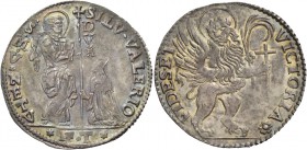 Silvestro Valier doge CIX, 1694-1700. Mezzo leone per il Levante, AR 13,05 g. SILV VALERIO – S M VENETV S. Marco nimbato, stante a s., benedice il dog...