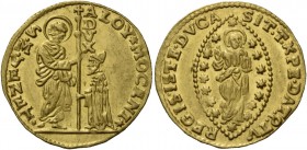 Alvise II Mocenigo doge CX, 1700-1709. Zecchino, AV 3,50 g. ALOY MOCENI – S M VENET S. Marco nimbato, stante a s., porge il vessillo al doge genufless...