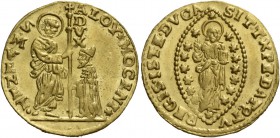 Alvise II Mocenigo doge CX, 1700-1709. Zecchino, AV 3,49 g. ALOY MOCENI – S M VENET S. Marco nimbato, stante a s., porge il vessillo al doge genufless...