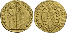 Alvise II Mocenigo doge CX, 1700-1709. Mezzo zecchino, AV 1,73 g. ALOY MOC – S M VENE S. Marco nimbato, stante a s., porge il vessillo al doge genufle...