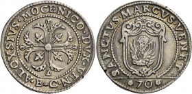 Alvise II Mocenigo doge CX, 1700-1709. Mezzo scudo della croce, AR 15,60 g. ALOYSIVS MOCENICO DVX VEN Croce ornata e fogliata, accantonata da quattro ...