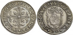 Alvise II Mocenigo doge CX, 1700-1709. Mezzo scudo della croce, AR 15,60 g. ALOYSIVS MOCENICO DVX VEN Croce ornata e fogliata, accantonata da quattro ...