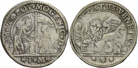 Alvise II Mocenigo doge CX, 1700-1709. Ducato di doppio peso, AR 45,01 g. S M V ALOY MOCENIC D S. Marco nimbato, seduto a s. e benedicente, consegna i...