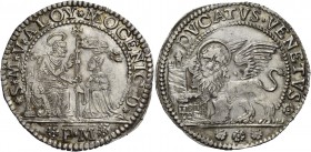 Alvise II Mocenigo doge CX, 1700-1709. Ducato, AR 22,65 g. S M V ALOY MOCENIC D S. Marco nimbato, seduto a s. e benedicente, consegna il vessillo al d...