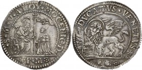 Alvise II Mocenigo doge CX, 1700-1709. Ducato, AR 22,60 g. S M V ALOY MOCENIC D S. Marco nimbato, seduto a s. e benedicente, consegna il vessillo al d...