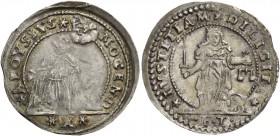 Alvise II Mocenigo doge CX, 1700-1709. Mezza liretta, AR 1,79 g. ALOYSIVS – MOCENI D Il doge, genuflesso a d., in adorazione dell’immagine della Beata...
