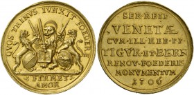 Alvise II Mocenigo doge CX, 1700-1709. Medaglia per l’alleanza con il cantone di Zurigo e Berna 1706, AV 6,64 g. Opus Hans Jakob Gessner (Zurigo). Il ...