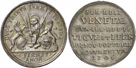 Alvise II Mocenigo doge CX, 1700-1709. Medaglia per l’alleanza con il cantone di Zurigo e Berna 1706, AR 6,58 g. Opus Hans Jakob Gessner (Zurigo). Il ...