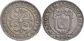 Giovanni II Corner doge CXI, 1709-1722. Mezzo scudo della croce, AR 15,57 g. IOANNES CORNELIO DVX VEN Croce ornata e fogliata, accantonata da quattro ...