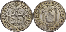 Giovanni II Corner doge CXI, 1709-1722. Mezzo scudo della croce, AR 15,64 g. IOANNES CORNELIO DVX VEN Croce ornata e fogliata, accantonata da quattro ...