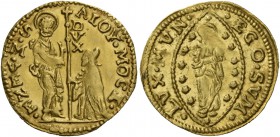 Alvise III Mocenigo doge CXII, 1722-1732. Mezzo zecchino, AV 1,73 g. ALOY MOCE – S M VENE S. Marco nimbato, stante a s., porge il vessillo al doge gen...
