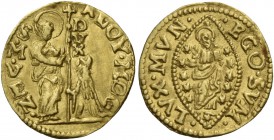 Alvise III Mocenigo doge CXII, 1722-1732. Quarto di zecchino, AV 0,86 g. ALOY MOC – S M VEN S. Marco nimbato, stante a s., porge il vessillo al doge g...