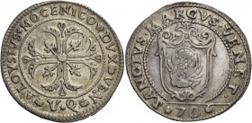 Alvise III Mocenigo doge CXII, 1722-1732. Mezzo scudo della croce, AR 15,16 g. ALOYSIVS MOCENICO DVX VEN Croce ornata e fogliata, accantonata da quatt...