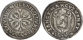 Alvise III Mocenigo doge CXII, 1722-1732. Ottavo di scudo della croce, AR 3,10 g. ALOYSIVS MOCENICO DVX VEN Croce ornata e fogliata, accantonata da qu...