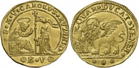 Carlo Ruzzini doge CXIII, 1732-1735. Quarto di ducato da 2 zecchini, AV 6,94 g. S M V CAROLVS RVZINI D S. Marco nimbato, seduto in cattedra a s., bene...