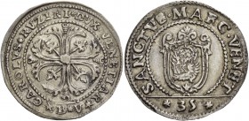 Carlo Ruzzini doge CXIII, 1732-1735. Quarto di scudo della croce, AR 7,45 g. CAROLVS RVZINI DVX VENETIAR Croce ornata e fogliata, accantonata da quatt...