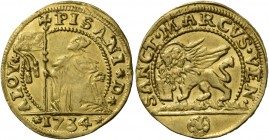 Alvise Pisani doge CXIV, 1735-1741. Da 10 soldi 1734 da 1 zecchino, AV 3,47 g. ALOY – PISANI D Il doge con vessillo, genuflesso a s. e con lo sguardo ...