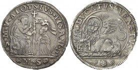 Alvise Pisani doge CXIV, 1735-1741. Ducato di doppio peso, AR 45,47 g. S M V ALOYSIVS PISANI D S. Marco nimbato e benedicente, seduto in trono a s., p...
