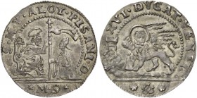 Alvise Pisani doge CXIV, 1735-1741. Sedicesimo di ducato (prova), AR 1,42 g. S M V ALOY PISANI D S. Marco nimbato, seduto in trono a s., benedice il d...