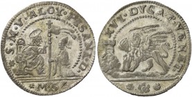 Alvise Pisani doge CXIV, 1735-1741. Sedicesimo di ducato (prova), riconio del 1849, AR 1,42 g. S M V ALOY PISANI D S. Marco nimbato, seduto in trono a...