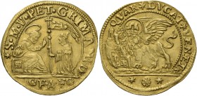 Pietro Grimani doge CXV, 1741-1752. Quarto di ducato da 2 zecchini, AV 6,94 g. S M V PET GRIMANI D S. Marco nimbato, seduto in cattedra a s., benedice...