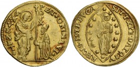 Pietro Grimani doge CXV, 1741-1752. Zecchino, AV 3,48 g. PET GRIMANI – S M VENET S. Marco nimbato, stante a s., porge il vessillo al doge genuflesso; ...