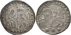Pietro Grimani doge CXV, 1741-1752. Ducato, AR 22,60 g. S M V PETRVS GRIMANI D S. Marco nimbato e benedicente, seduto in trono a s., porge il vessillo...