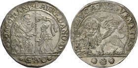 Francesco Loredan doge CXVI, 1752-1762. Ducato, AR 22,30 g. S M V FRANC LAVREDANO D S. Marco nimbato, seduto a s. e benedicente, consegna il vessillo ...