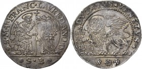 Francesco Loredan doge CXVI, 1752-1762. Ducato, AR 22,60 g. S M V FRANC LAVREDANO D S. Marco nimbato, seduto a s. e benedicente, consegna il vessillo ...
