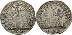 Marco Foscarini doge CXVII, 1762-1763. Ducato, AR 22,16 g. S M V MARC FOSCARENVS D S. Marco nimbato, seduto a s. e benedicente, consegna il vessillo a...