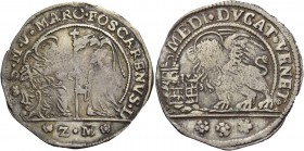 Marco Foscarini doge CXVII, 1762-1763. Mezzo ducato, AR 11,06 g. S M V MARC FOSCARENVS D S. Marco nimbato, seduto a s. e benedicente, consegna il vess...