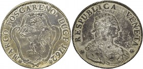 Marco Foscarini doge CXVII, 1762-1763. Tallero per il Levante 1762, AR 28,44 g. MARCO FOSCARENO DUCE J762 Leone alato e nimbato, rampante a s., con li...