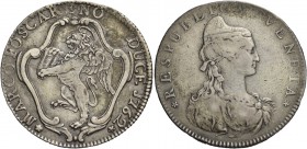 Marco Foscarini doge CXVII, 1762-1763. Mezzo tallero per il Levante 1762, AR 13,94 g. MARCO FOSCARENO DUCE J762 Leone alato e nimbato, rampante a s., ...